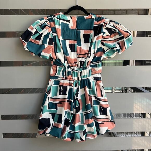 Mulla Multicolor Retro Abstract Geometric Puff Sleeve Romper Size M - Picture 3 of 7